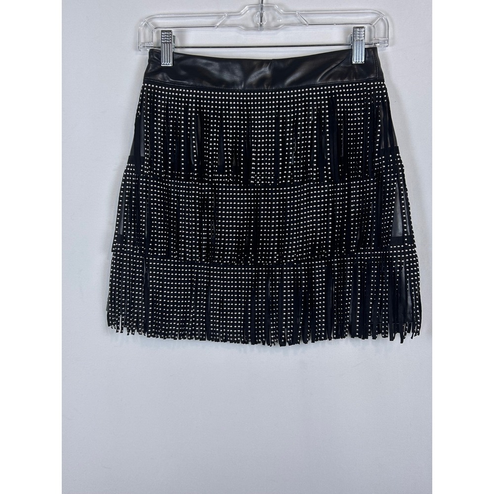 Faux Leather Studded Fringe Mini Skirt Black Western Rocker Festival Skirt - Picture 7 of 12